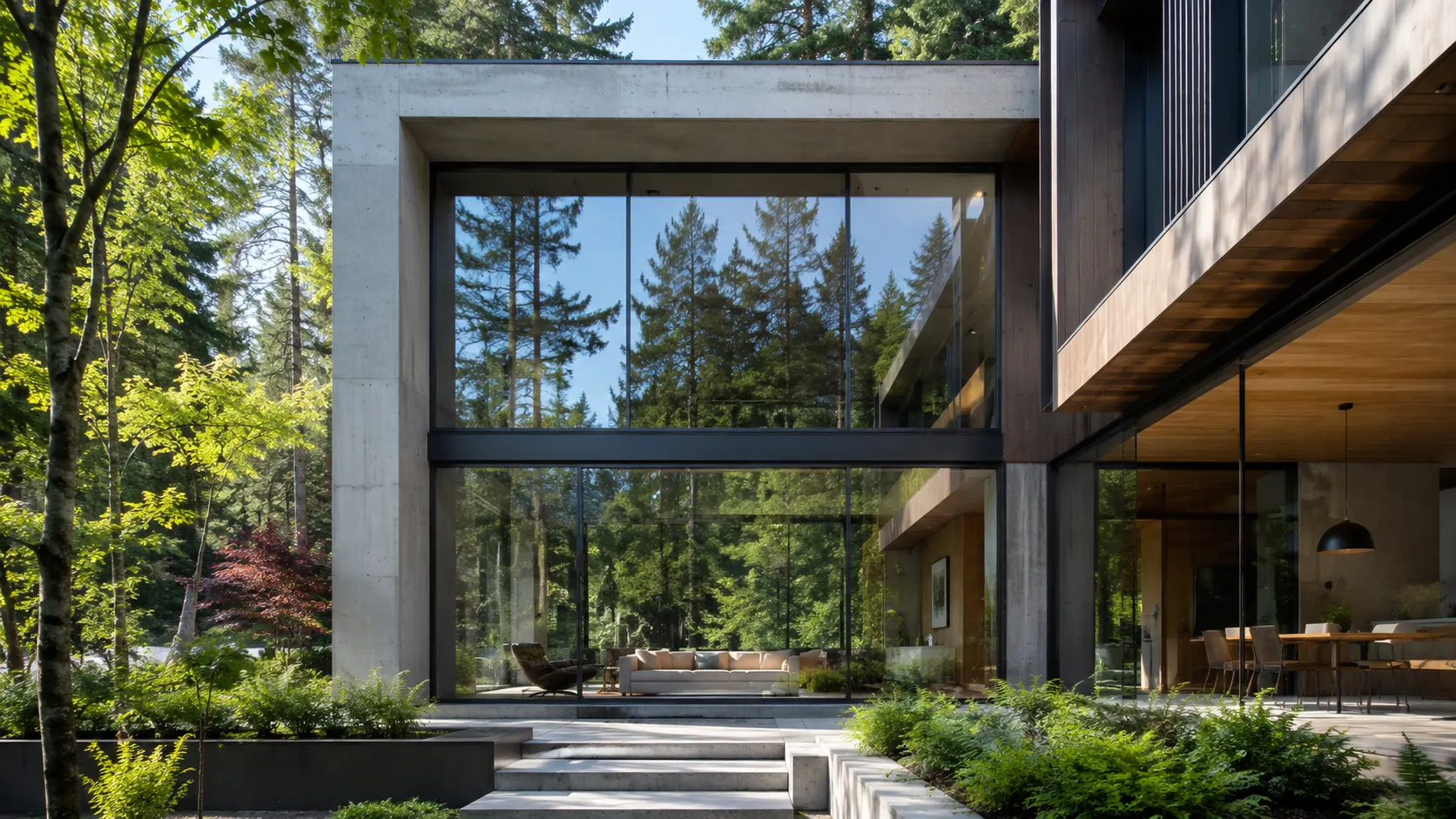 Modern fixed window facade system for natural light and wide views