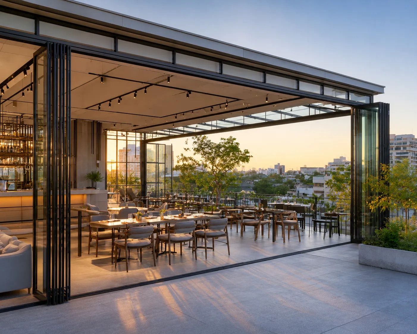 Folding door extension system for terrace and commercial space expansion