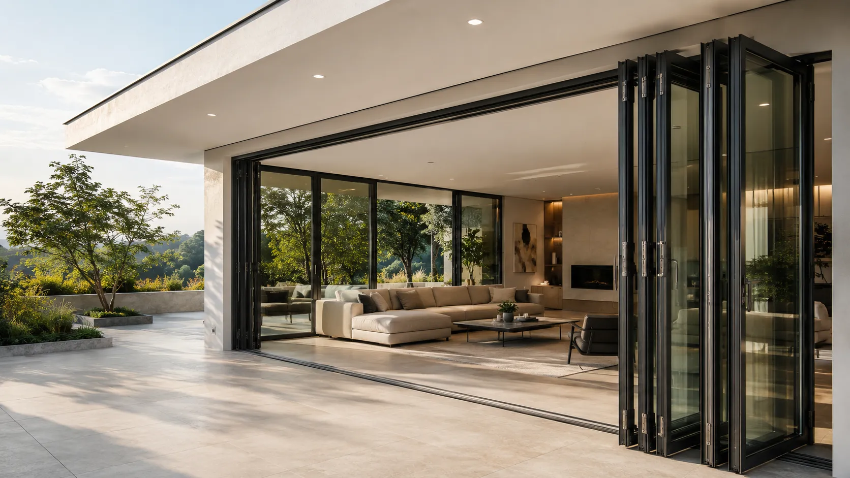 Modern folding door system opening a wide architectural space