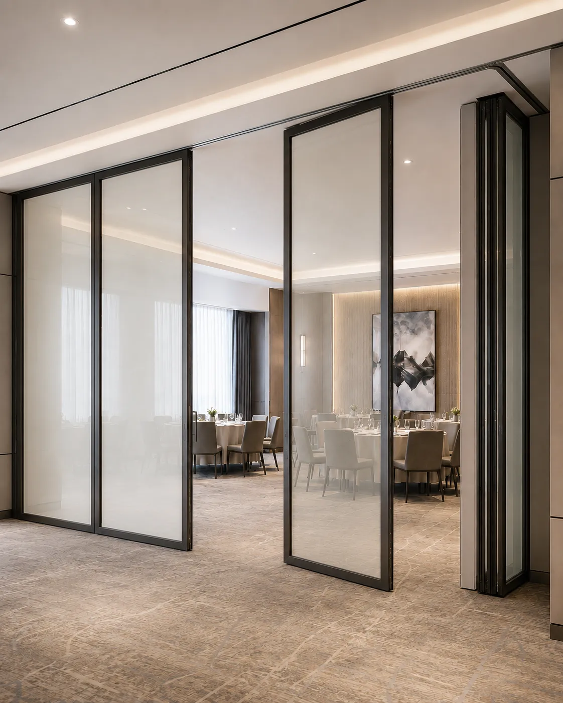 Frame moving wall system for flexible interior space division