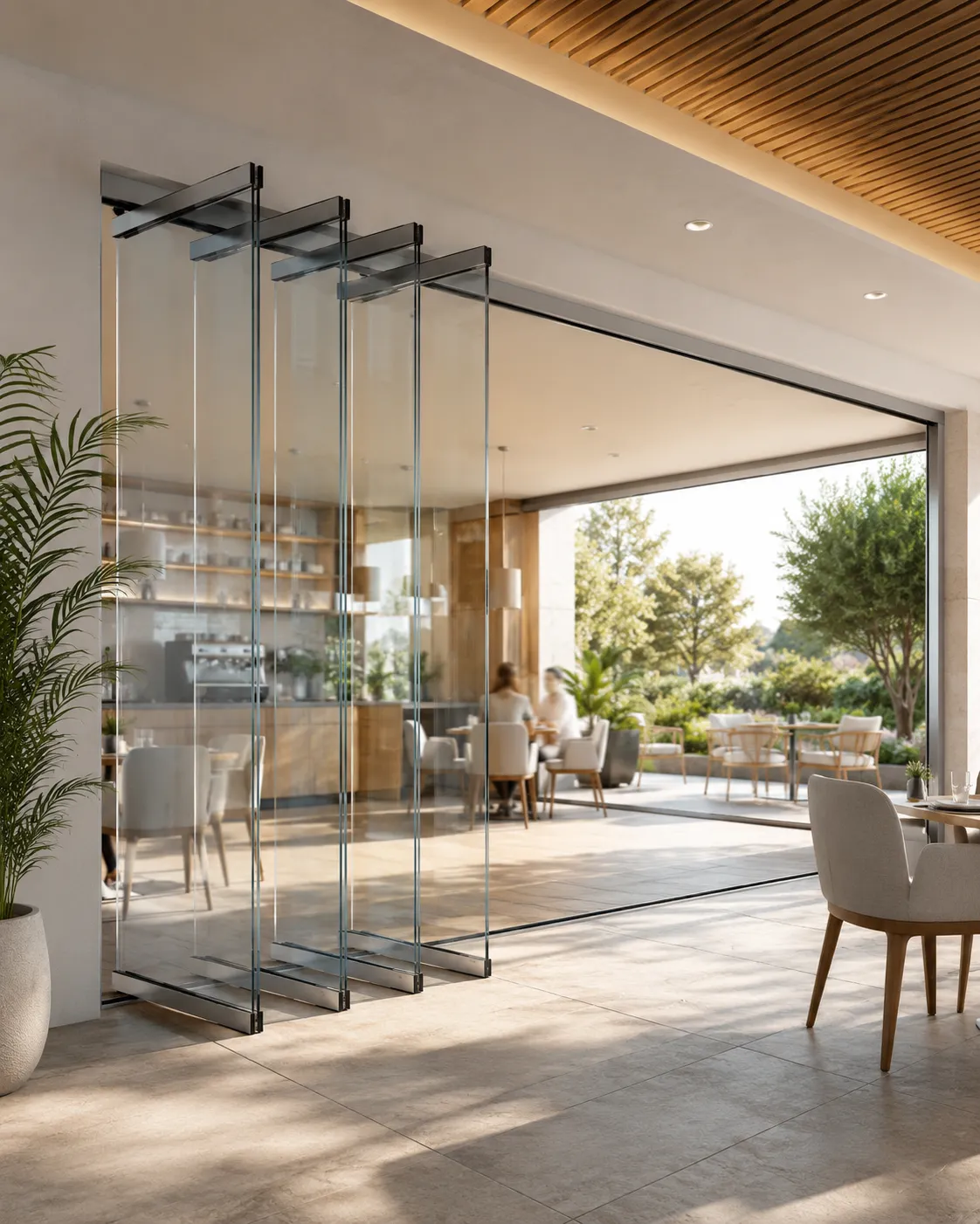Glass folding door system with transparent opening and flexible space division