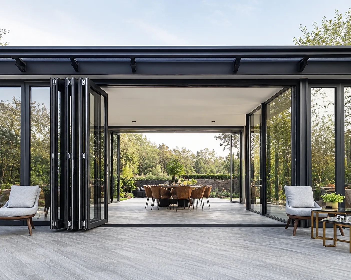 Premium folding door system in a wide architectural opening project