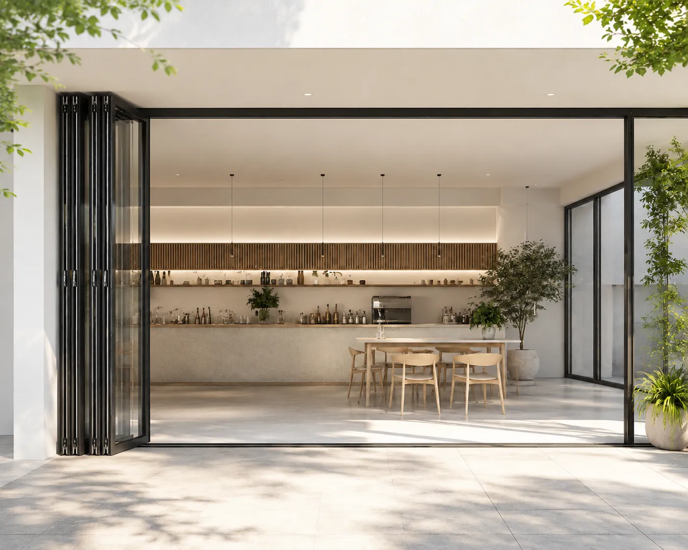 Slim folding door system with minimal frame and wide glass opening